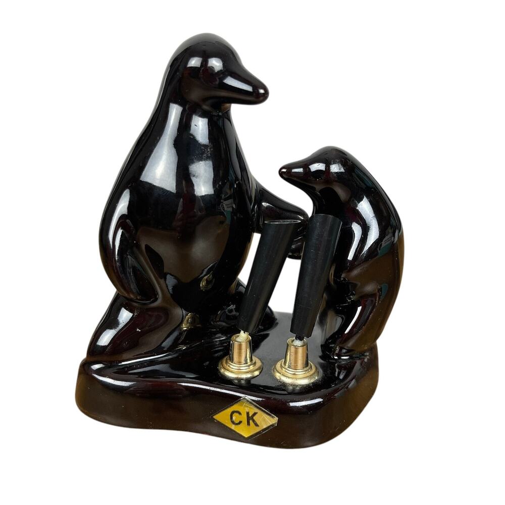 Rare 1950s Japan Redware Penguins Black Pen Holder Officeware 80s Secretary